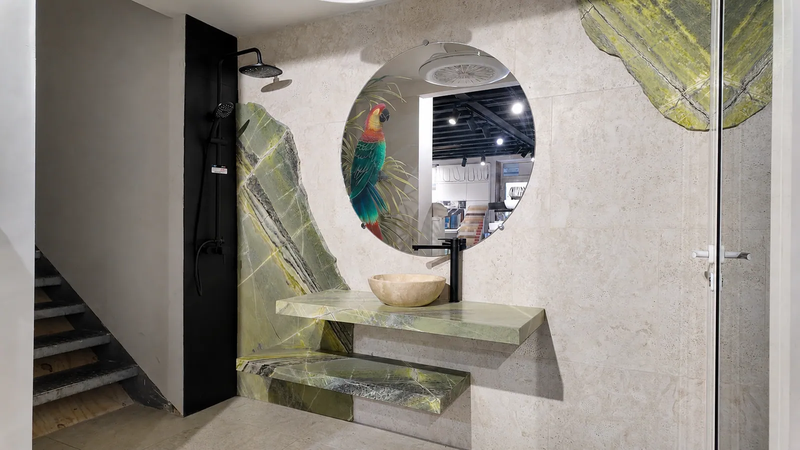 Green marble vanity with parrot mural